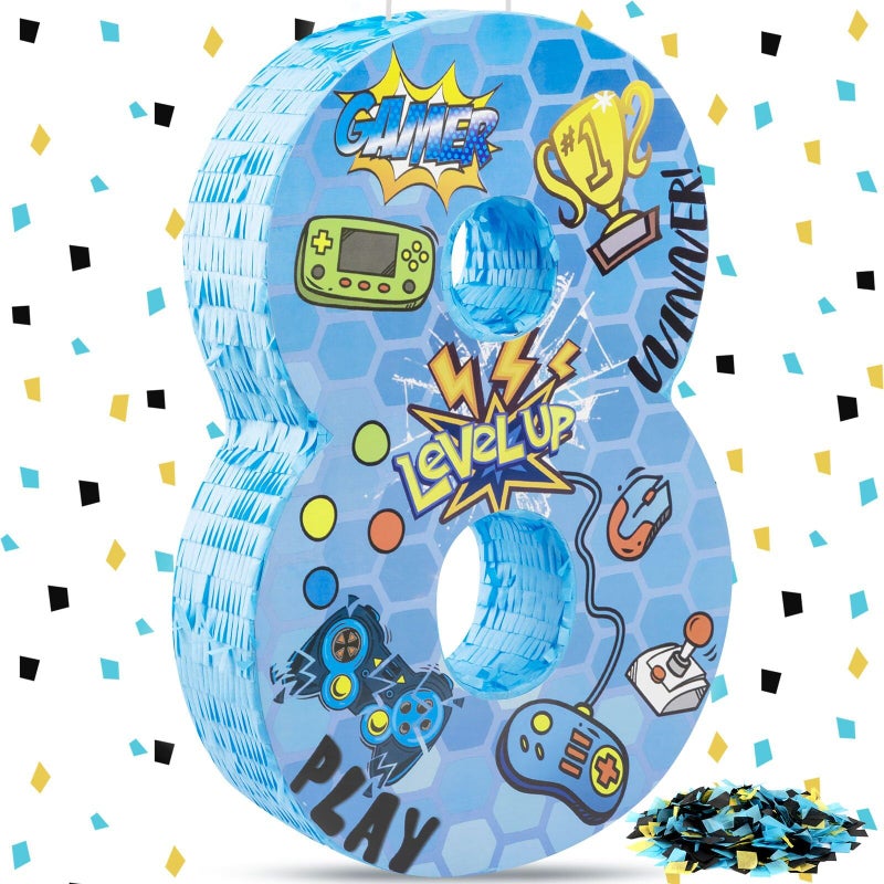 Simgoing Number 8 Video Game Piata 16 5 Inch Gaming Controller 8th Birthday Party Supplies Decorations Piata with Confetti for Gaming Theme Party Carnival Events Decor - Image 3