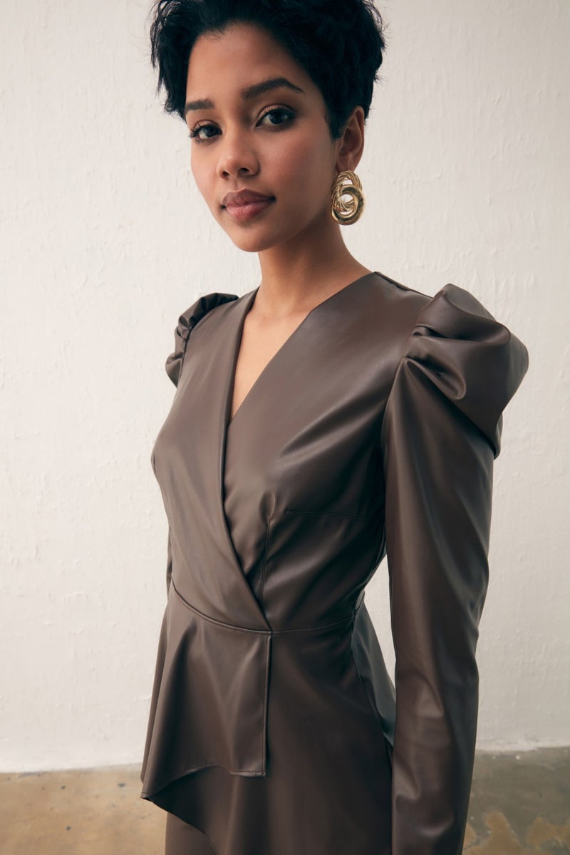 SATEEN Double Breasted Leather Blouse - Dark Brown  - Image 3