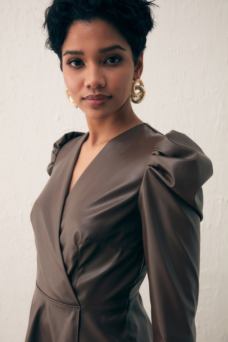 SATEEN Double Breasted Leather Blouse - Dark Brown  - Image 5