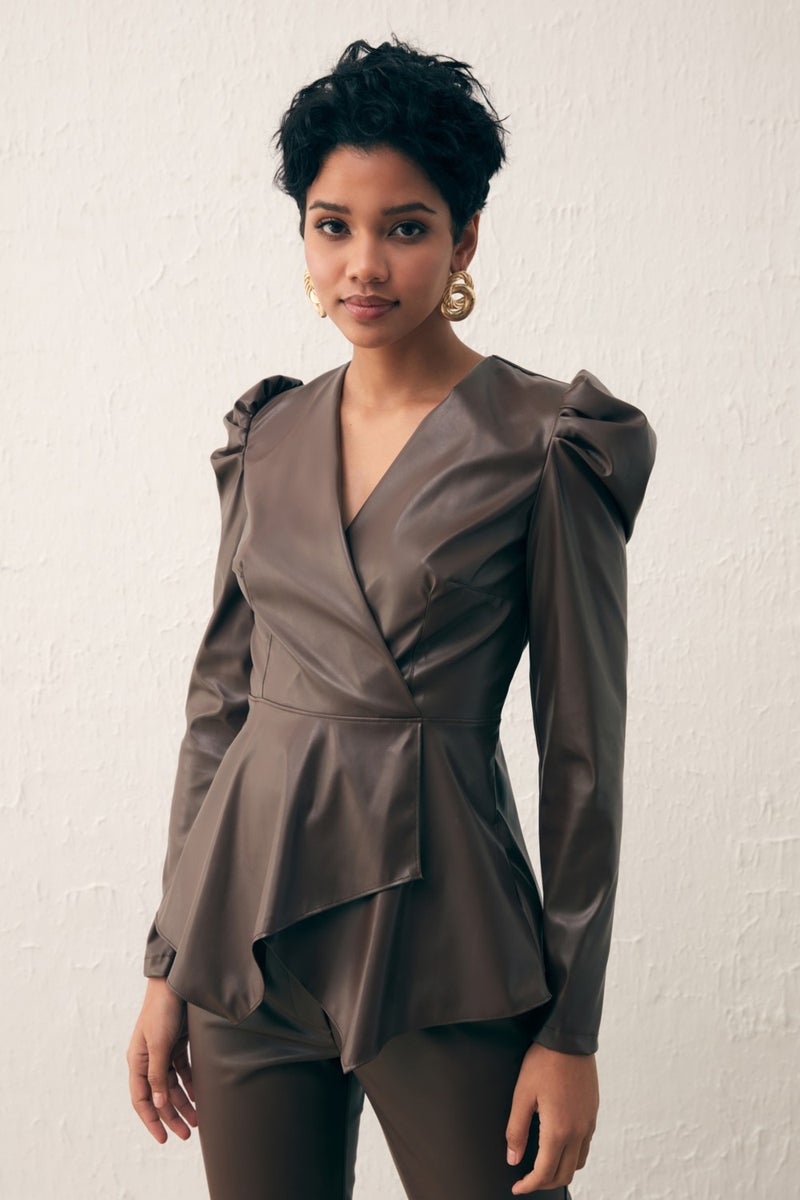SATEEN Double Breasted Leather Blouse - Dark Brown  - Image 2