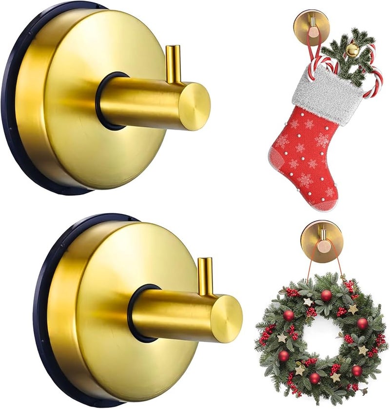 Gold Suction Cup Hooks For Door Wreaths No Drill Metal Towel Hooks For Glass Window Bathroom Mirrors 2 Pcs - Image 1