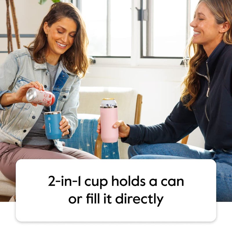 ThermoFlask ترمو فلاسک 2 في 1 كوب مبرد معزول بالفراغ 12 أونصة جودة ممتازة يناسب علب الحجم القياسي مقاوم للتعرق قاعدة غير قابلة للانزلاق ملح وردي - Image 3
