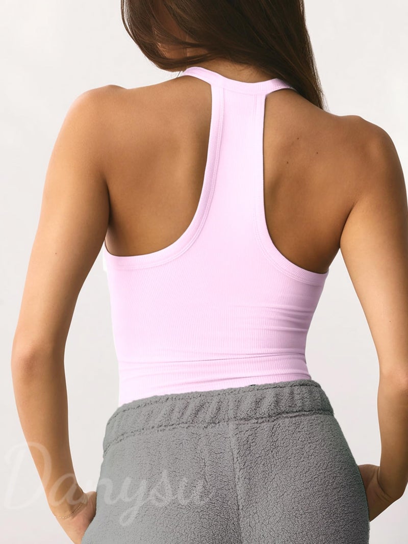 Danysu V Neck Racerback Tank Top for Women with Built in Bra Ribbed Long Tank Fitted Basic Cami Tops Blossom Pink S - Image 2