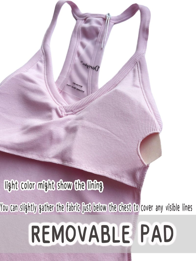 Danysu V Neck Racerback Tank Top for Women with Built in Bra Ribbed Long Tank Fitted Basic Cami Tops Blossom Pink S - Image 4