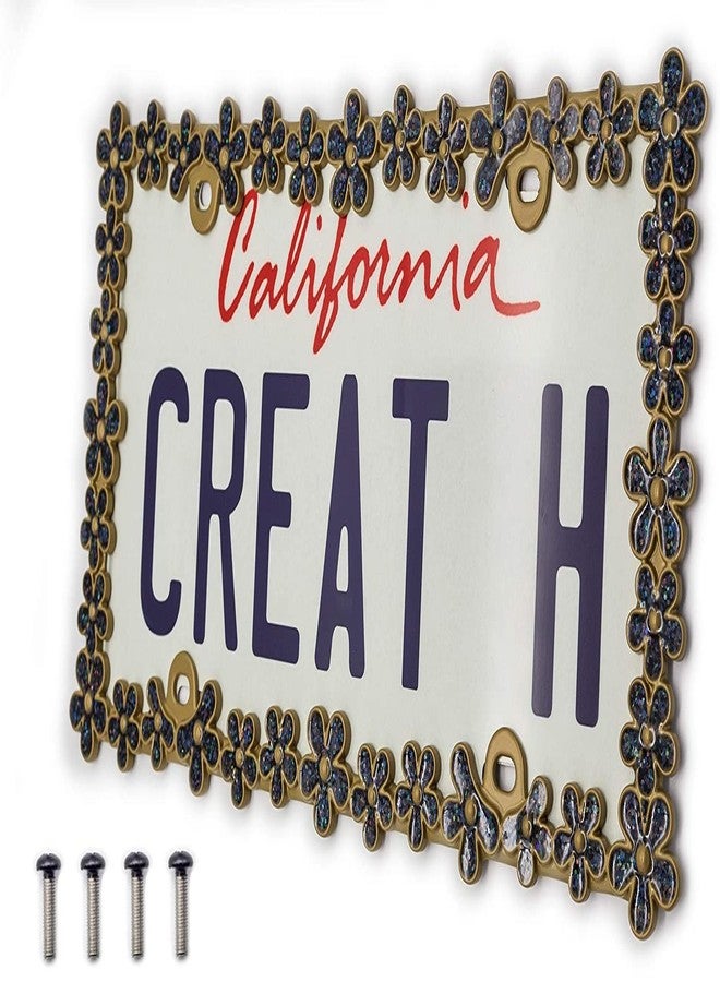 creathome 3D Shining Daisy Wrenth License Plate Frame from Pure Zinc Alloy Metal Perfect Plate Holder,Matt Gold with Black Glitter - Image 2