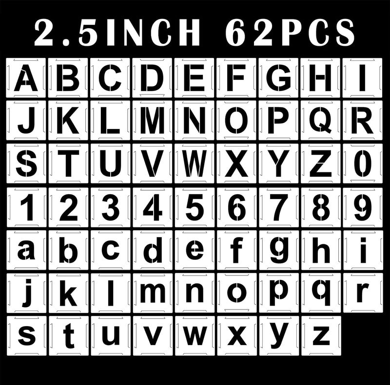 DEQUERA Dequera 25 inch Letter Stencils and Numbers 62 Pcs Alphabet Art Craft Stencils Reusable Plastic Number Templates Letter Stencils for Wood Wall Fabric Rock Chalkboard SignageLettering Alphabet
