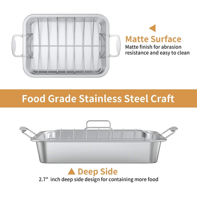 Skyflame Roasting Pan with Rack for Turkey, Stainless Steel Silver Rectangular Barbecue Bakeware Roaster Pan with Nonstick U-Rack for Indoor/Outdoor Oven Cooking - Image 3