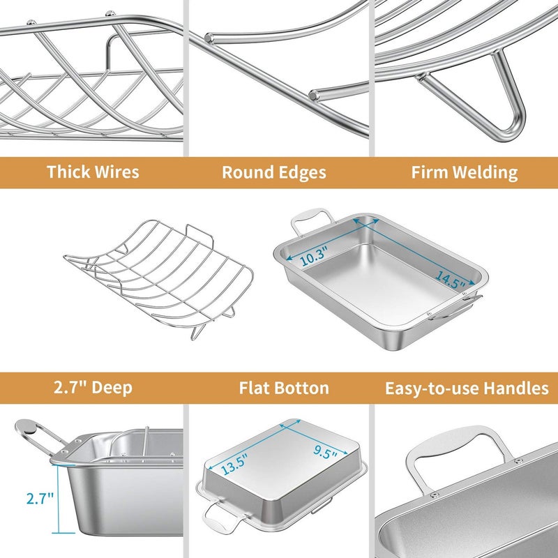 Skyflame Roasting Pan with Rack for Turkey, Stainless Steel Silver Rectangular Barbecue Bakeware Roaster Pan with Nonstick U-Rack for Indoor/Outdoor Oven Cooking - Image 2