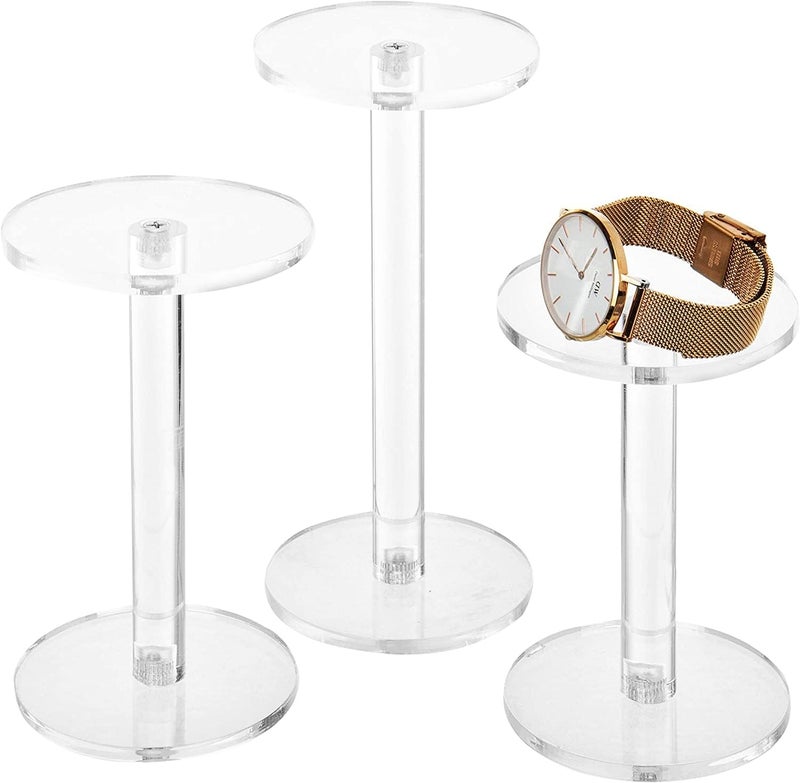 Indian Decor 22237 Showcase Your Jewelry and Watches in Style with Set of 3 Clear Round Acrylic Pedestal Riser Stands Elevate Your Display with Elegance - Image 1