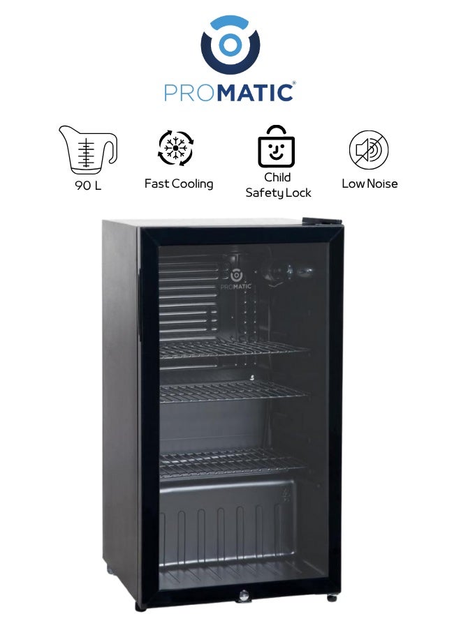 بروماتيك ثلاجة صغيرة بروماتيك زجاجية بسعة 90 لتر لون أسود موديل NGR-90L — باب زجاج للعرض، تبريد فعّال للمشروبات والأطعمة، تصميم أنيق للمكاتب والغرف والمتاجر الصغيرة - Image 1