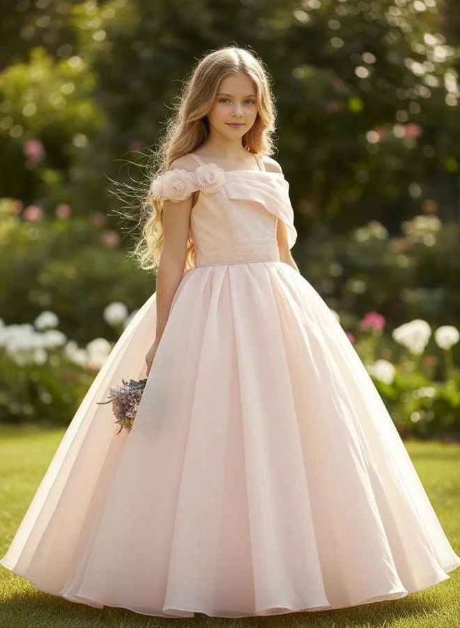 فيا بامبينو Blush Pink Floral-Shoulder Ball Gown