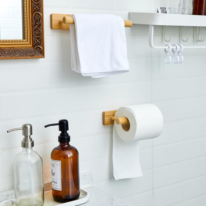 Maxcheck Maxcheck 2 Pcs Bamboo Toilet Paper Holder Wall Mounted Bathroom Towel Holder Wood Towel Rack Toilet Paper Holder and Towel Holder Set Wood Towel Bar Towel Hanger for Kitchen Living Room Bedroom  - Image 3