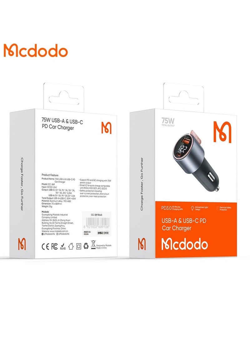 مكدودو شاحن سيارة سريع Mcdodo CC-3690 بشاشة رقمية 75 وات 1C+1A PD - Image 2