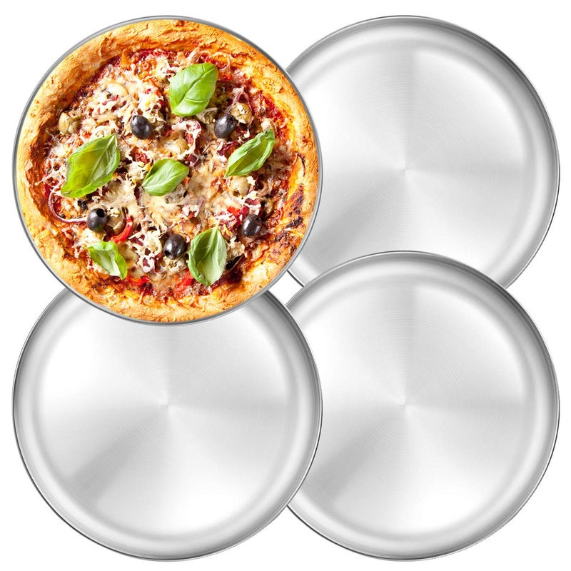 Deedro Deedro Stainless Steel Pizza Pan 13 inch Round Pizza Tray Pizza Baking Sheet Healthy Pizza Baking Pan Pizza Serving Tray Crisper Pan Dishwasher Safe 4 Pack 