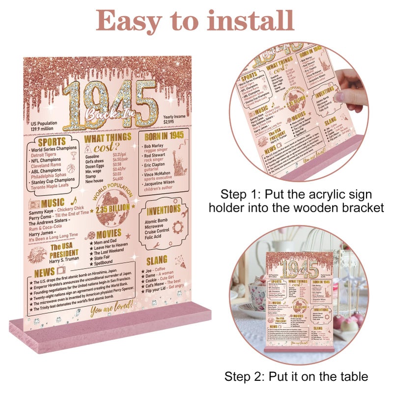 Bumqviy Happy 80th Birthday Decorations Back in 1945 Table Sign for Women  Pink Rose Gold 80 & Fabulous Birthday Two-Sided Wooden Poster with Stand  Eighty Year Old Birthday Gift Party Supplies - Image 3