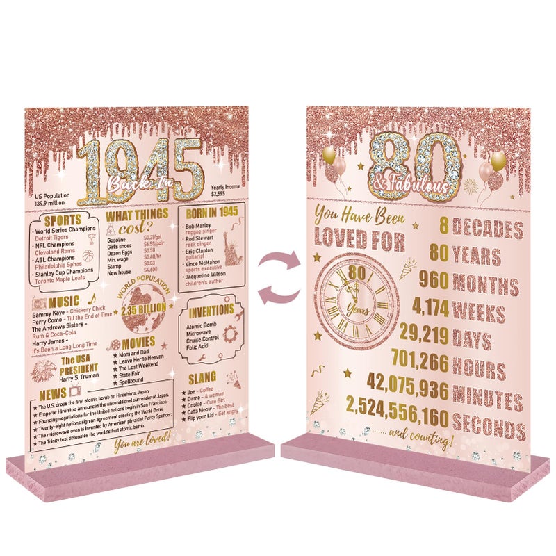 Bumqviy Happy 80th Birthday Decorations Back in 1945 Table Sign for Women  Pink Rose Gold 80 & Fabulous Birthday Two-Sided Wooden Poster with Stand  Eighty Year Old Birthday Gift Party Supplies - Image 1