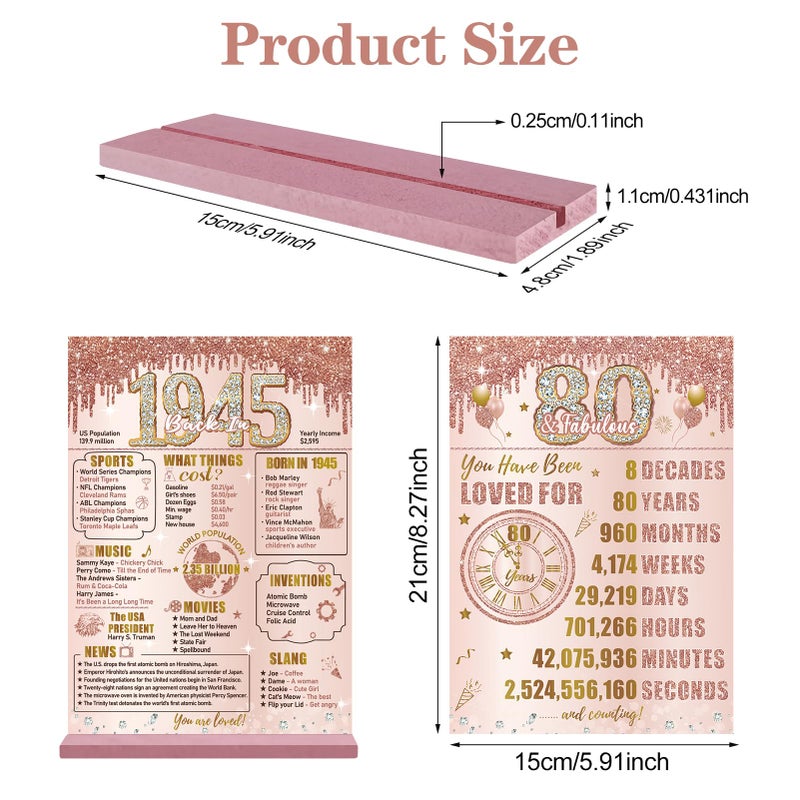 Bumqviy Happy 80th Birthday Decorations Back in 1945 Table Sign for Women  Pink Rose Gold 80 & Fabulous Birthday Two-Sided Wooden Poster with Stand  Eighty Year Old Birthday Gift Party Supplies - Image 2