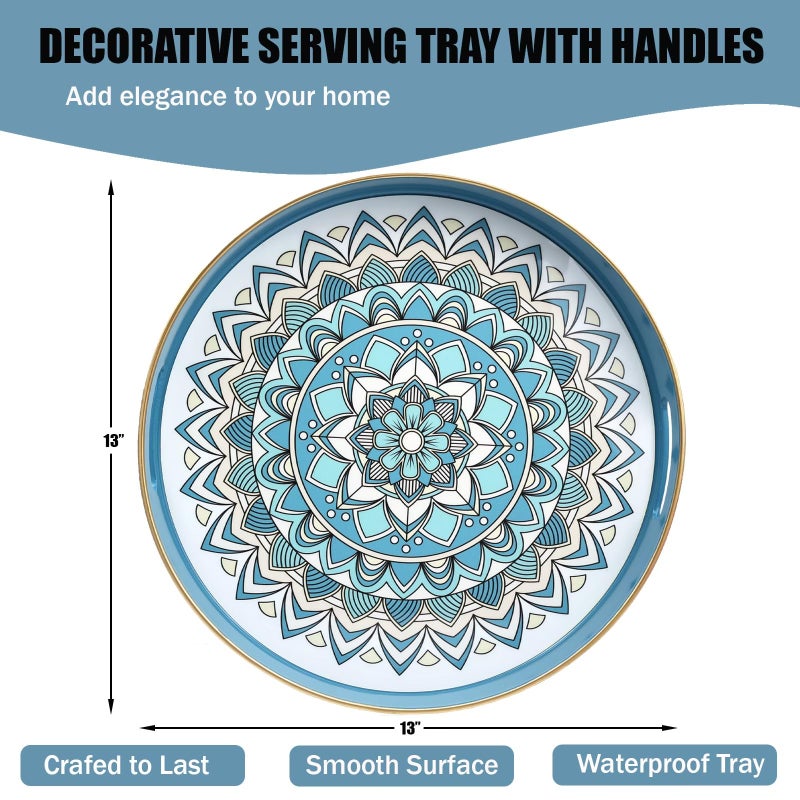 SforGUVA Round Cyan Decorative Tray for Coffee Table, Ottoman, 13â€ Plastic Serving Platter Tray with Handles for Entertaining, Living Room - Image 5