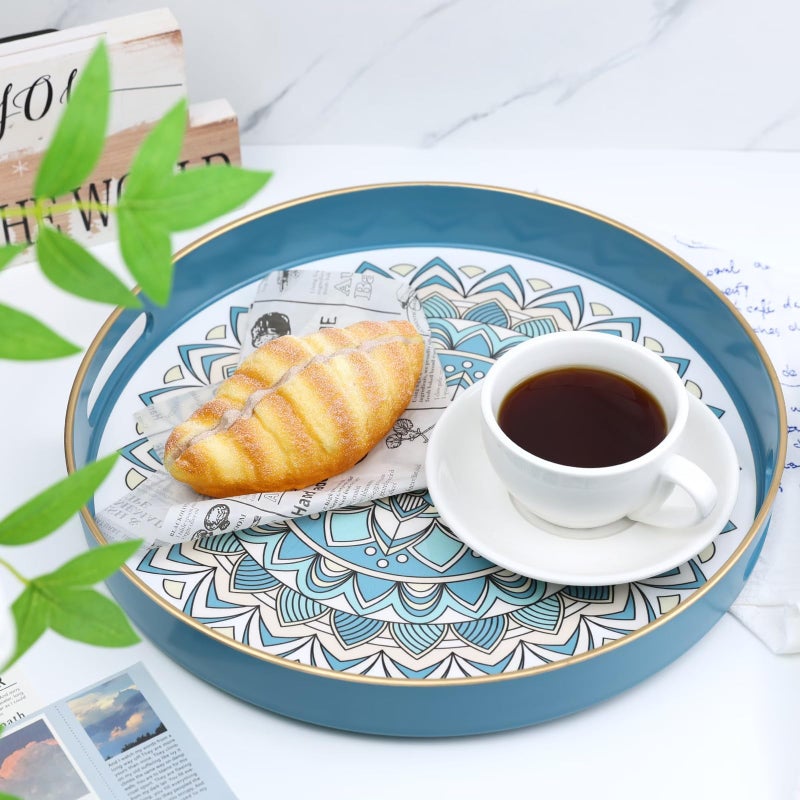 SforGUVA Round Cyan Decorative Tray for Coffee Table, Ottoman, 13â€ Plastic Serving Platter Tray with Handles for Entertaining, Living Room - Image 4