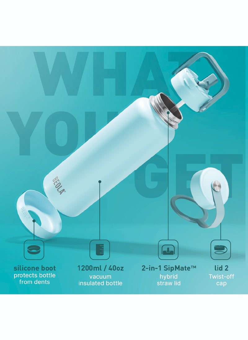 BEOLA 1200ml Water Bottle 18/8 Stainless Steel 304 Double Wall Insulated Thermos Bottle with a wide mouth, 2 lids included, Hot Cold Liquids Sports Bottle bella, 40oz Bottle (Sage Mist)  - Image 2