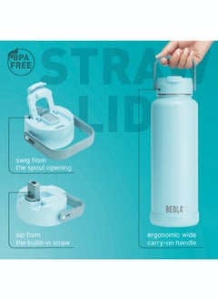 BEOLA 1200ml Water Bottle 18/8 Stainless Steel 304 Double Wall Insulated Thermos Bottle with a wide mouth, 2 lids included, Hot Cold Liquids Sports Bottle bella, 40oz Bottle (Sage Mist)  - Image 3
