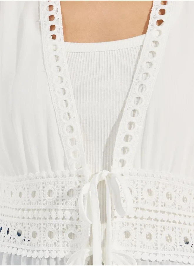 Styli Lace Insert Front Tie Midi Kimono