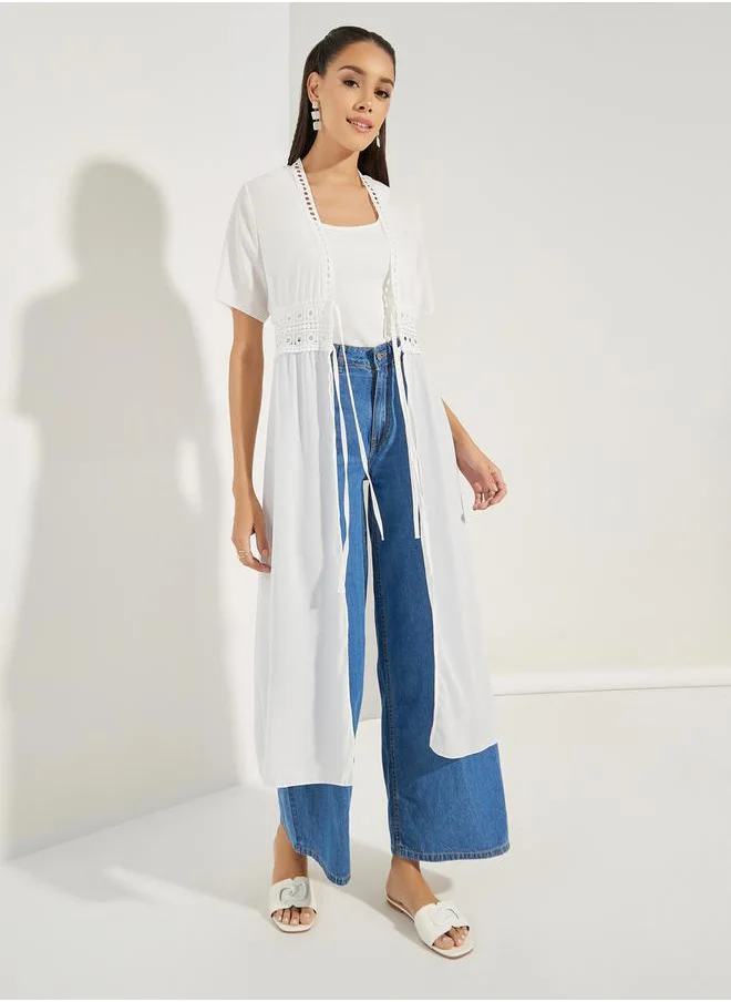 Styli Lace Insert Front Tie Midi Kimono