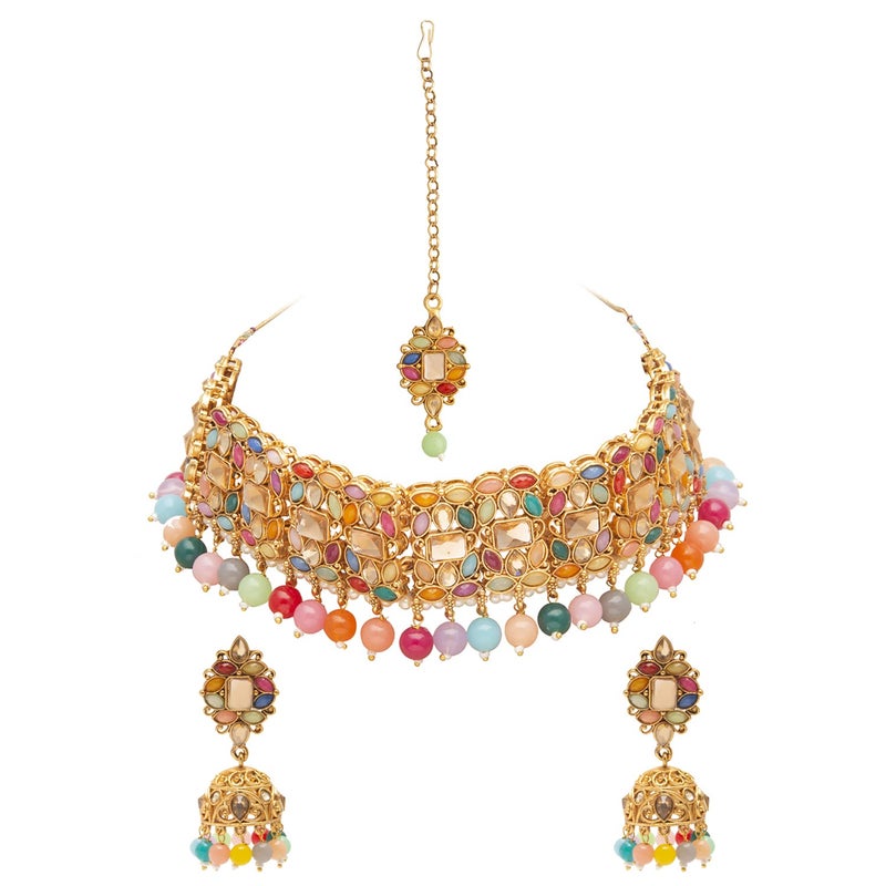 Bodha Traditional Indian Gold Plated Multi-Color Kundan Pearl Choker Necklace Jewelry Set with Earrings and Tikka for Women (SJN_58_MT) - Image 1