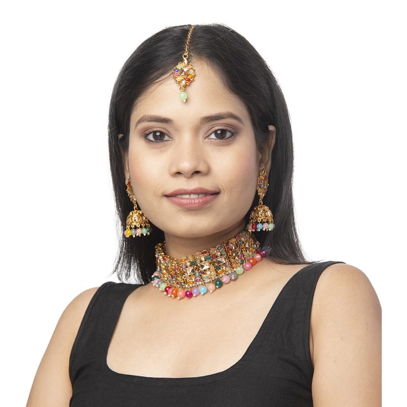 Bodha Traditional Indian Gold Plated Multi-Color Kundan Pearl Choker Necklace Jewelry Set with Earrings and Tikka for Women (SJN_58_MT) - Image 2