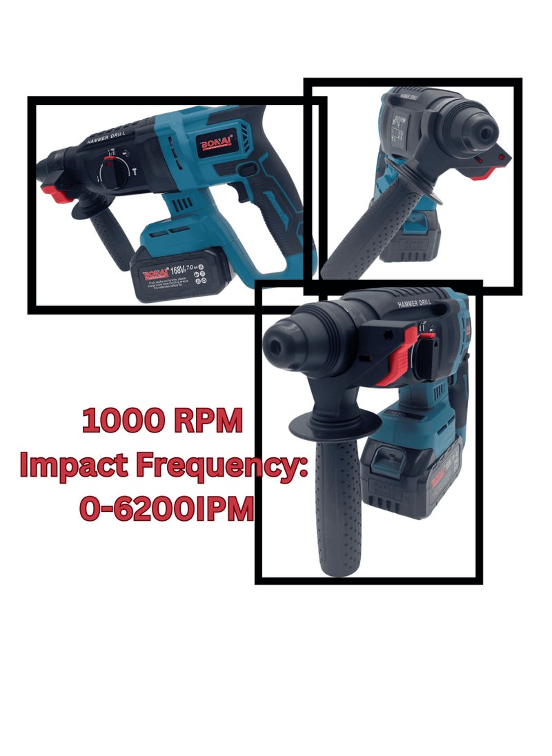168VF Cordless Rotary Hammer Drill with 360° Rotating Handle, 26mm, Overheat Protection,Multi-Function,1000rpm,Brushless Motor, Heavy-Duty,Quick Bit Change Drill