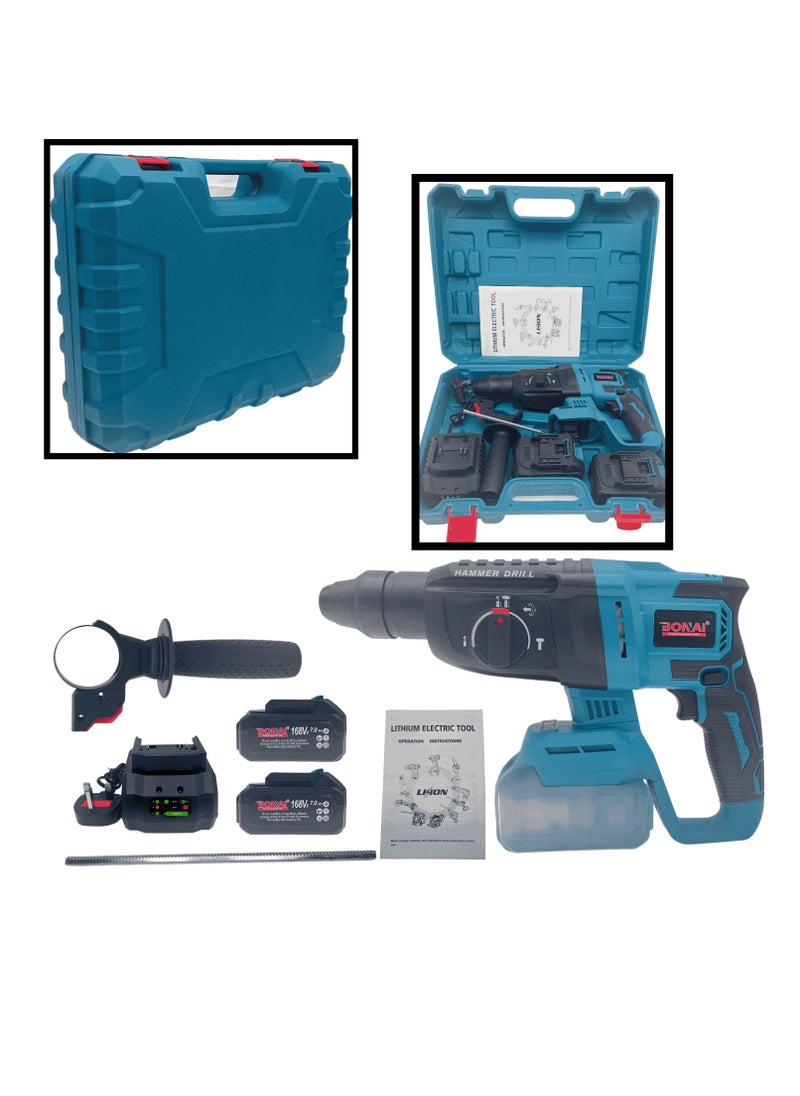 168VF Cordless Rotary Hammer Drill with 360° Rotating Handle, 26mm, Overheat Protection,Multi-Function,1000rpm,Brushless Motor, Heavy-Duty,Quick Bit Change Drill