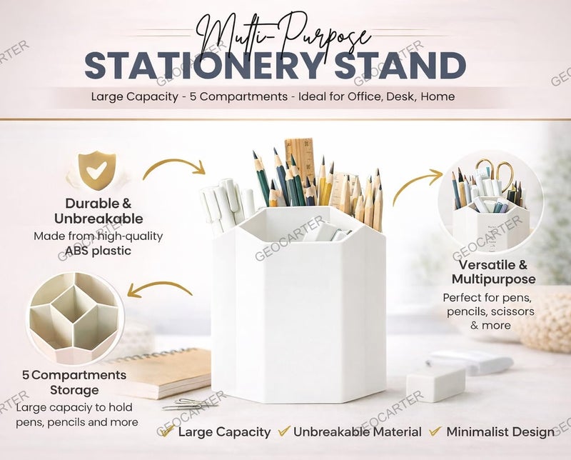 GEOCARTER Aesthetic Pen Holder for Desk Cute Stationery Organizer for Study Table, Kids & Office Desk Pencil Holder Strong & Unbreakable Design Large size Pen Stand – White - Image 2