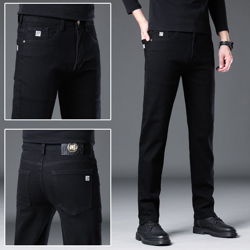 Autumn/winter Mens Loose-fit Straight-leg Jeans Simple Comfortable Casual Pants Classic Denim Trousers 7501 black 