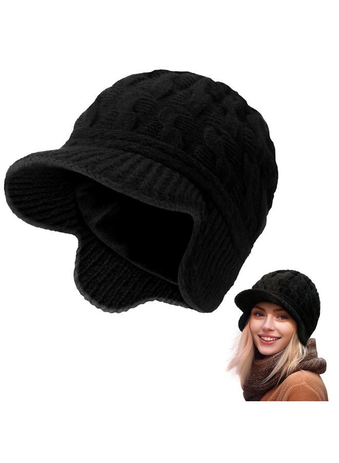 Jenaai Winter Beanie with Brim and Earflap for Woman Outdoor Warm Thermal Knitted Hat for Women Men Cold Weather, Black, One size - Image 1