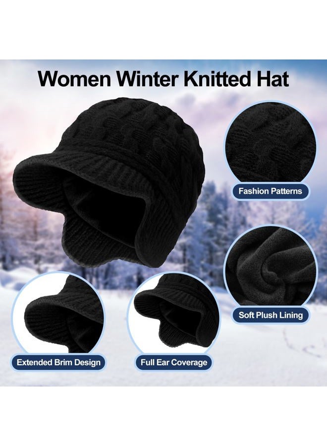 Jenaai Winter Beanie with Brim and Earflap for Woman Outdoor Warm Thermal Knitted Hat for Women Men Cold Weather, Black, One size - Image 2