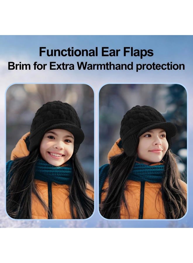 Jenaai Winter Beanie with Brim and Earflap for Woman Outdoor Warm Thermal Knitted Hat for Women Men Cold Weather, Black, One size - Image 3