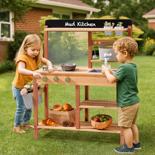 Robud Mud Kitchen Wooden Outdoor Kitchen for Kids Pretend Play Set with Sink Faucet Planting Pots Cooking Accessories Ideal Gift for Boys Girls Ages 3 - Image 5