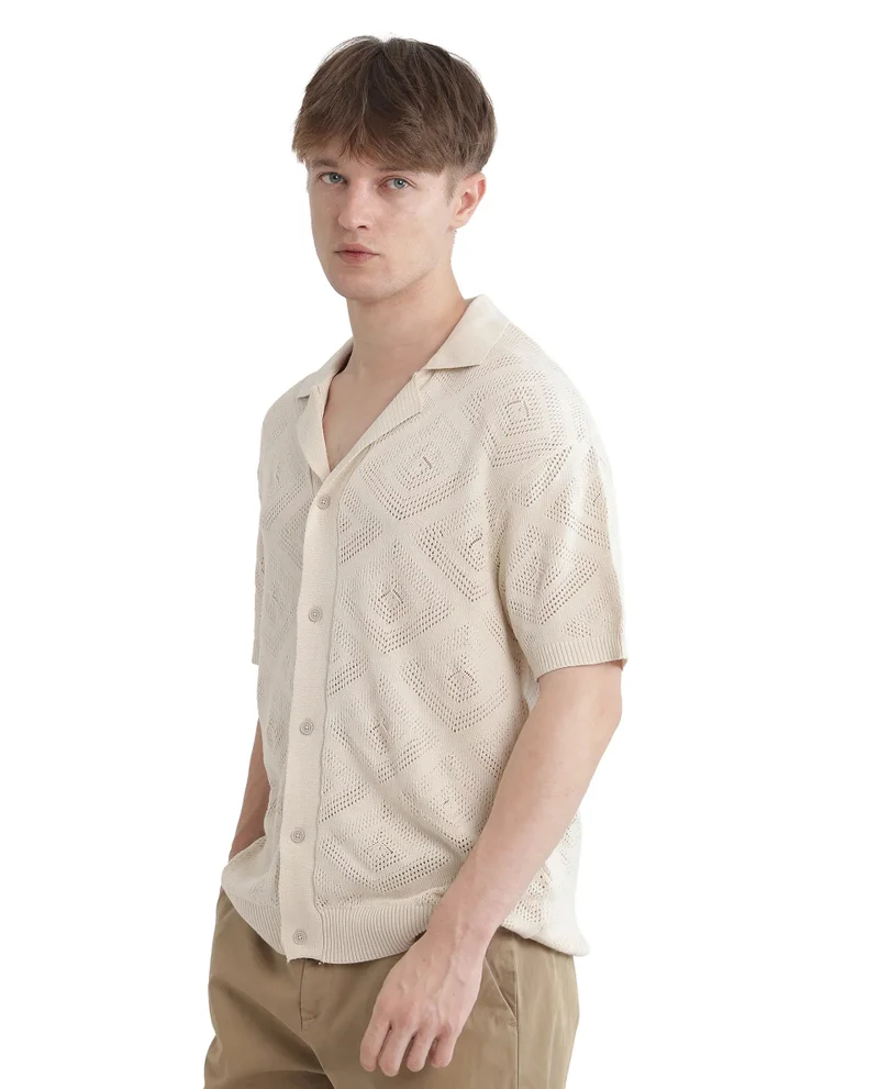 Rare Rabbit Men's Knitted Boxy Fit Cuban Collar Shirt