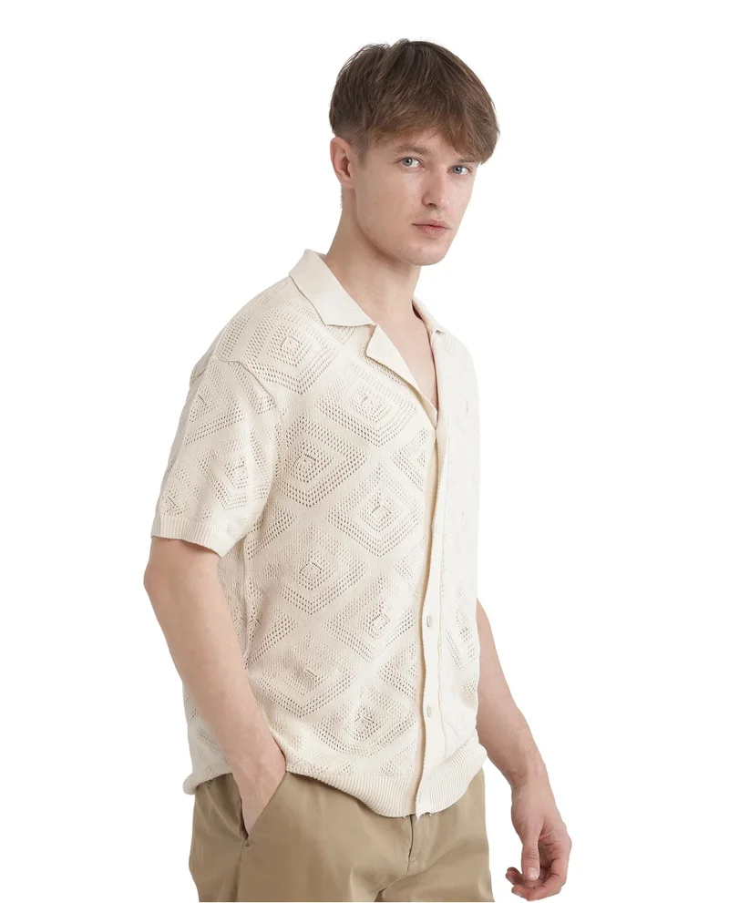 Rare Rabbit Men's Knitted Boxy Fit Cuban Collar Shirt