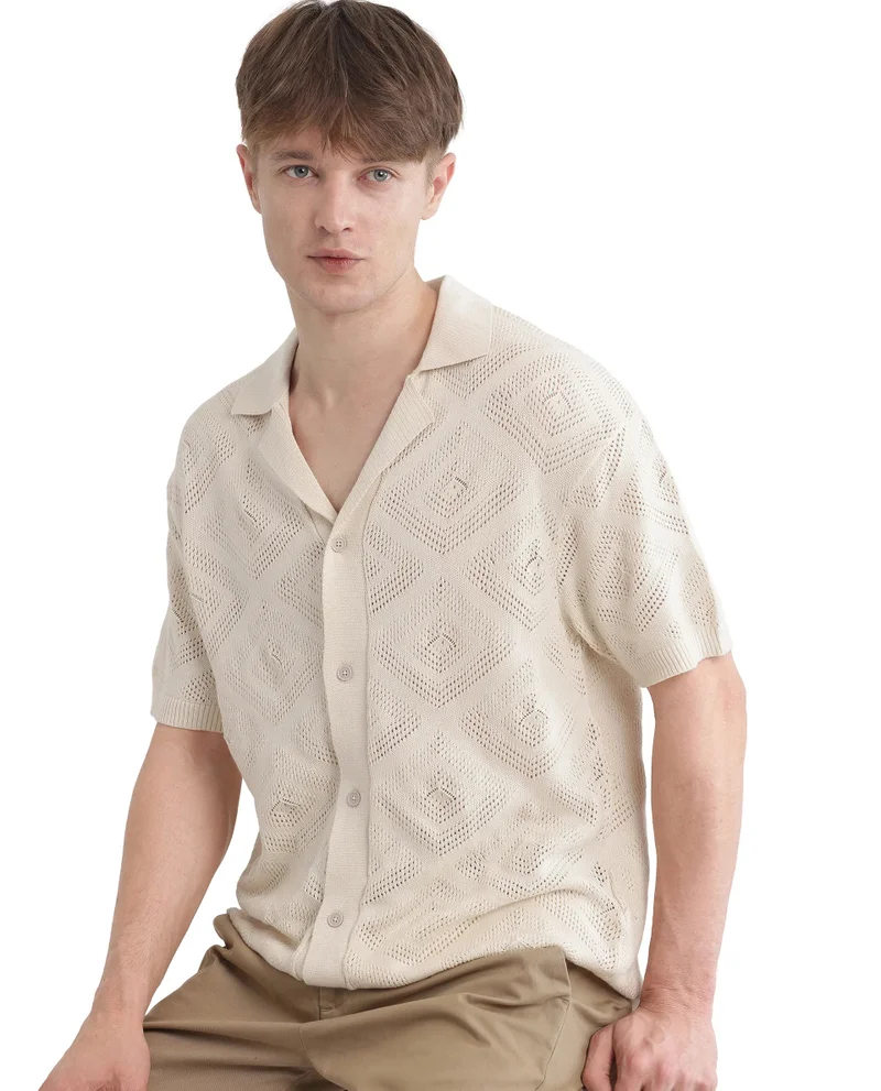 Rare Rabbit Rare Rabbit Men Wats White Cotton Fabric Short Sleeve Cuban Collared Button Closure Knitted Plain Shirt