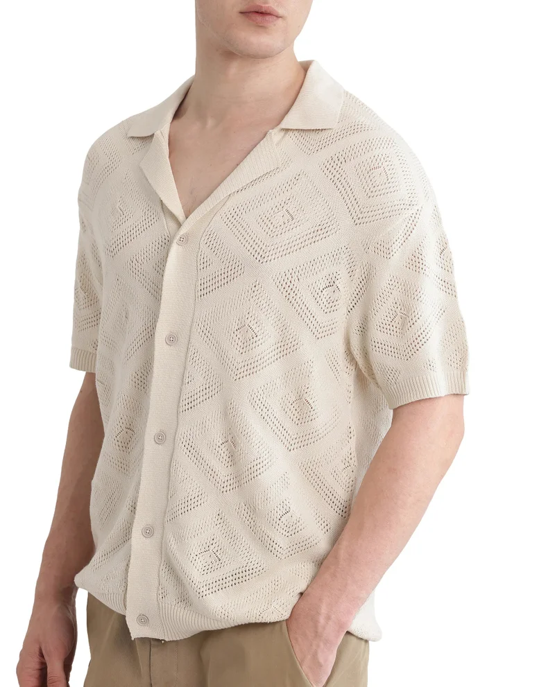 Rare Rabbit Men's Knitted Boxy Fit Cuban Collar Shirt