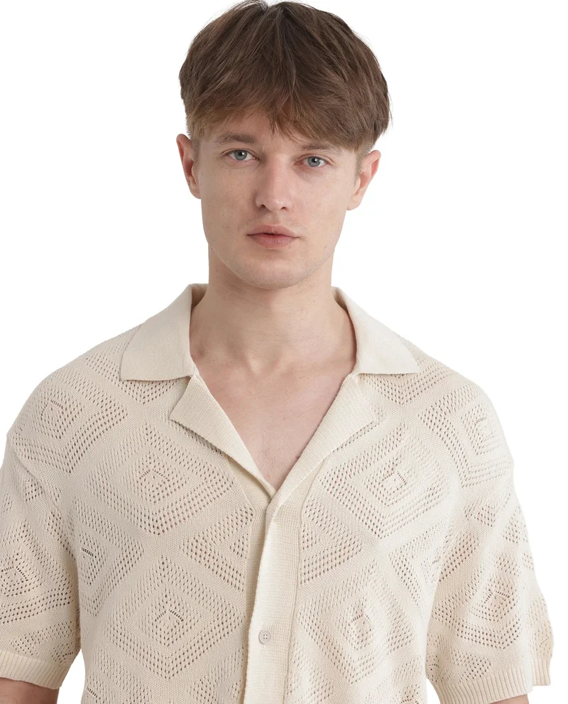 Rare Rabbit Men's Knitted Boxy Fit Cuban Collar Shirt