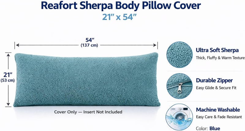 Reafort Ultra Soft Sherpa Body Pillow Cover/Case with Zipper Closure 21"x54" (21"x54" Body Pillow Cover, Blue) - Image 2