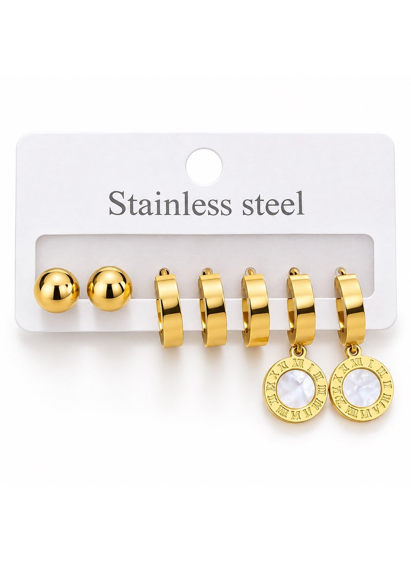 Women's Gold Stainless Steel Earrings Set – 3PCS Huggie Hoop & Ear Cuff Fashion Jewelry Collection