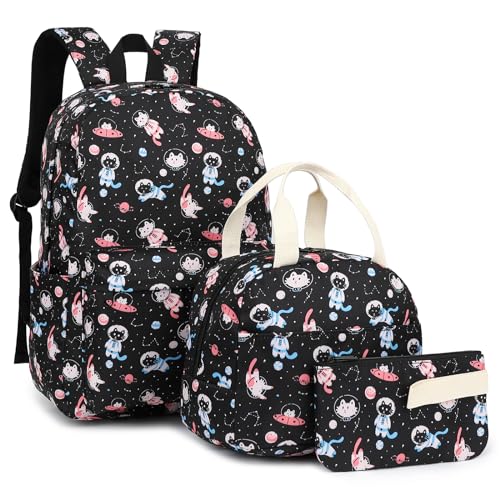 Dezcrab Kids Backpack for Girls Teens School Bags Bookbags Set with Lunch Bag Pencil Case Cat - Image 1