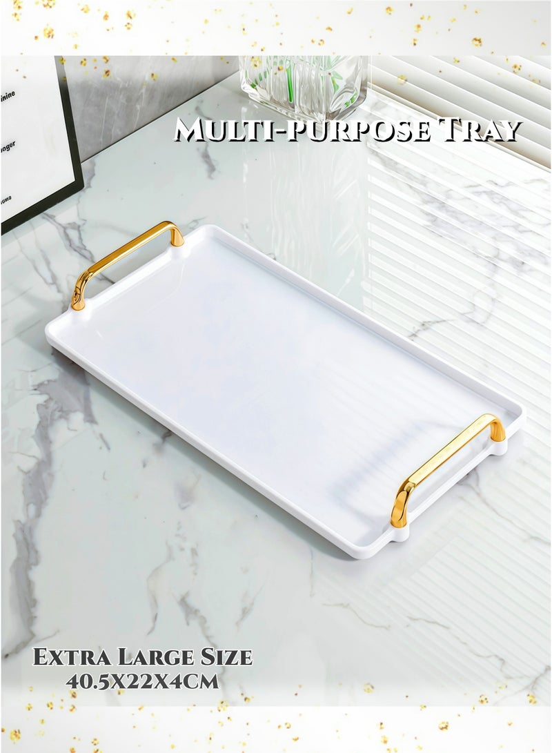 White & Gold Square Decorative Tray with Handles, Extra Long Tray,Thickened Eco-Friendly Fruit & Dessert Serving Tray, for Dining Table, Bathroom Storage ,Ramadan Decorative Serving Tray,  Perfume, Jewellery Storage Tray,Durable , Odor-Free (40.5cm/16Inch) - Image 1