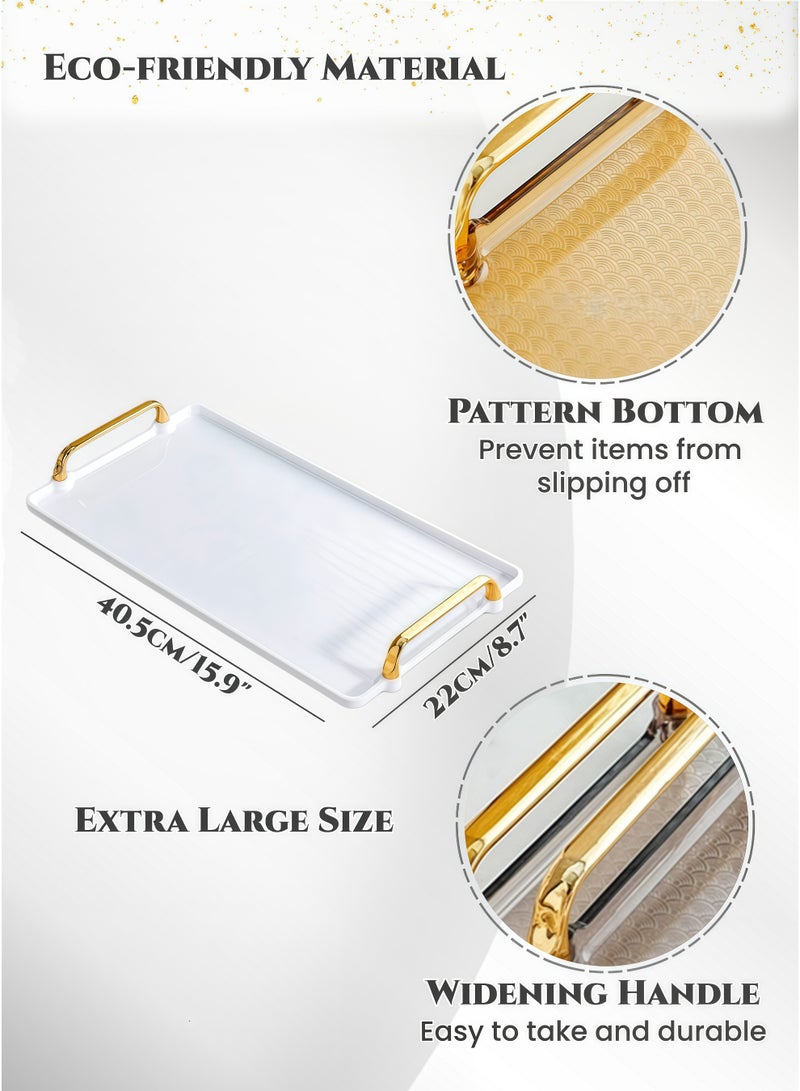 White & Gold Square Decorative Tray with Handles, Extra Long Tray,Thickened Eco-Friendly Fruit & Dessert Serving Tray, for Dining Table, Bathroom Storage ,Ramadan Decorative Serving Tray,  Perfume, Jewellery Storage Tray,Durable , Odor-Free (40.5cm/16Inch) - Image 2