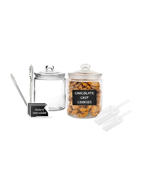 PESCADOR 2 Glass Kitchen Jars, Food & Cookie Storage Containers for Pantry, Bathroom Canisters, Airtight Lids, Dishwasher Safe, with Chalk, shovels, Tongs, and Labels (2 Count 1760ml)