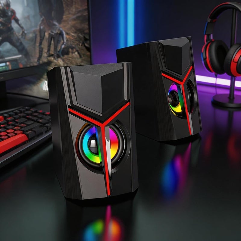 LOOPITYS RGB Gaming PC Speakers,2.0 Channel Stereo Desktop Computer Speakers,6W USB Powered 3.5mm AUX‑in Wired Speaker with Colorful LED Light for Laptop Desktop Phone - Image 1