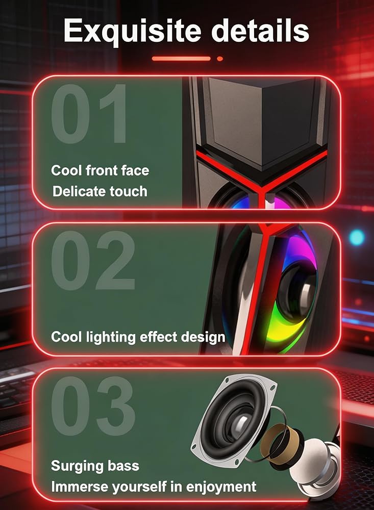 LOOPITYS RGB Gaming PC Speakers,2.0 Channel Stereo Desktop Computer Speakers,6W USB Powered 3.5mm AUX‑in Wired Speaker with Colorful LED Light for Laptop Desktop Phone - Image 3